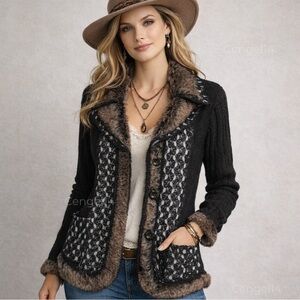 Sioni Black Wool Mohair Cardigan Sweater w/ Faux Fur & Lace Panels M – NWT